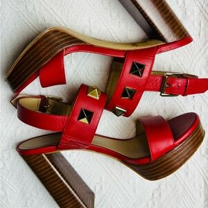 Michael Kors Red Leather Stud Block Heel Sandals